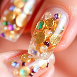 Macro shot of a manicure featuring transparent 'Secret Treasures' nails