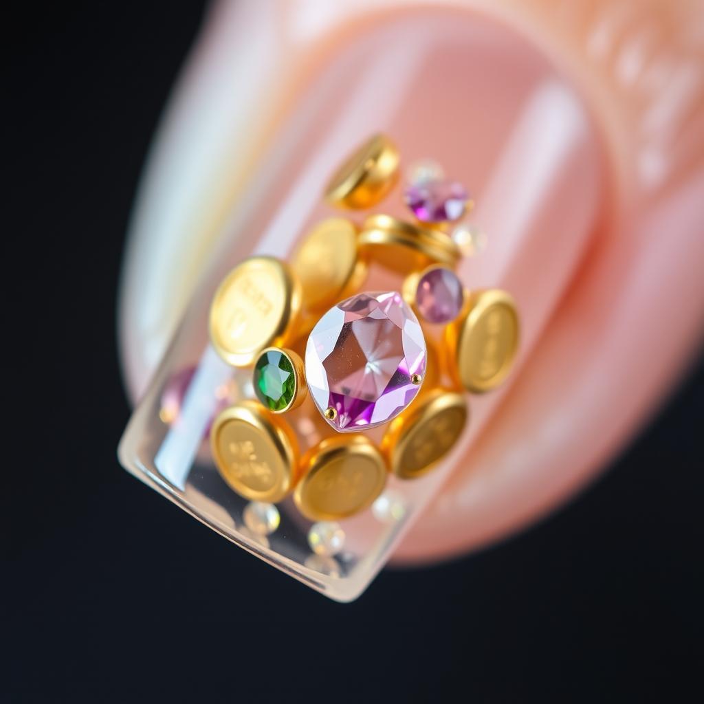 Macro shot of a manicure featuring transparent 'Secret Treasures' nails