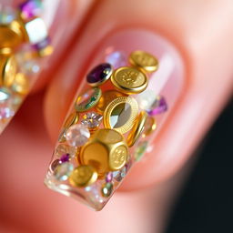 Macro shot of a manicure featuring transparent 'Secret Treasures' nails