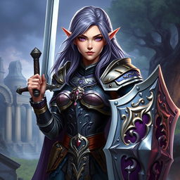 A striking female half-elf paladin, with enchanting purple eyes and purplish grey hair, adorned in magnificent armor