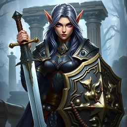 A striking female half-elf paladin, with enchanting purple eyes and purplish grey hair, adorned in magnificent armor