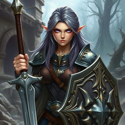 A striking female half-elf paladin, with enchanting purple eyes and purplish grey hair, adorned in magnificent armor