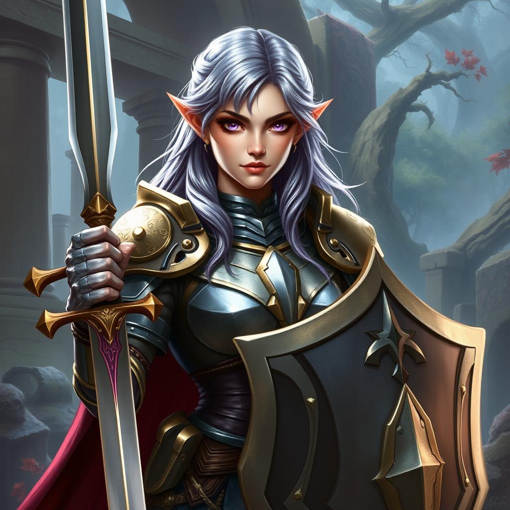 A striking female half-elf paladin, with enchanting purple eyes and purplish grey hair, adorned in magnificent armor