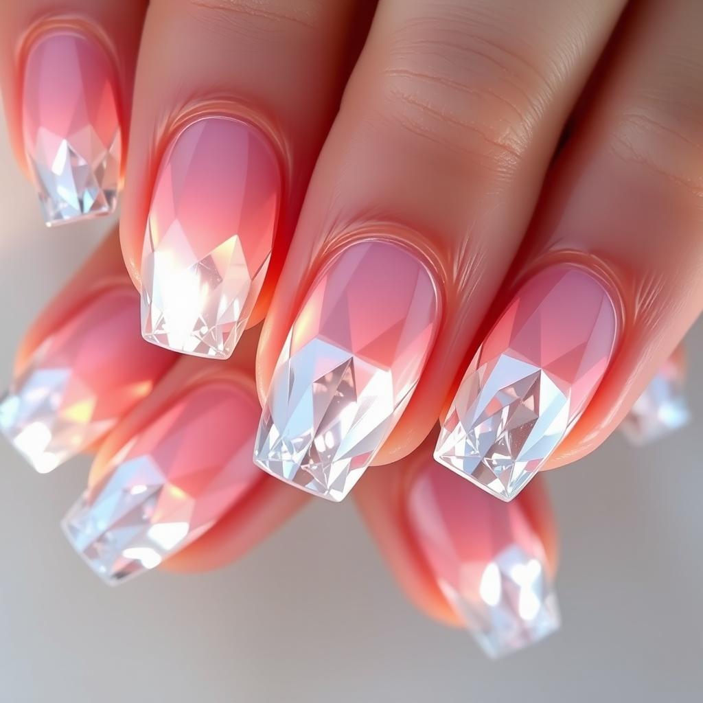 Transparent nails segmented into facets, featuring a three-dimensional effect and dynamic lighting, creating the illusion of depth and complexity reminiscent of true diamond cuts