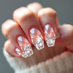 Transparent nails segmented into facets, featuring a three-dimensional effect and dynamic lighting, creating the illusion of depth and complexity reminiscent of true diamond cuts