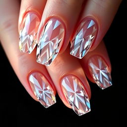 Transparent nails segmented into facets, featuring a three-dimensional effect and dynamic lighting, creating the illusion of depth and complexity reminiscent of true diamond cuts