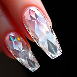 Transparent nails segmented into facets, featuring a three-dimensional effect and dynamic lighting, creating the illusion of depth and complexity reminiscent of true diamond cuts