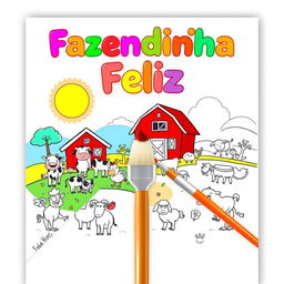 Children's coloring book cover titled "Fazendinha Feliz" with a joyful farm theme