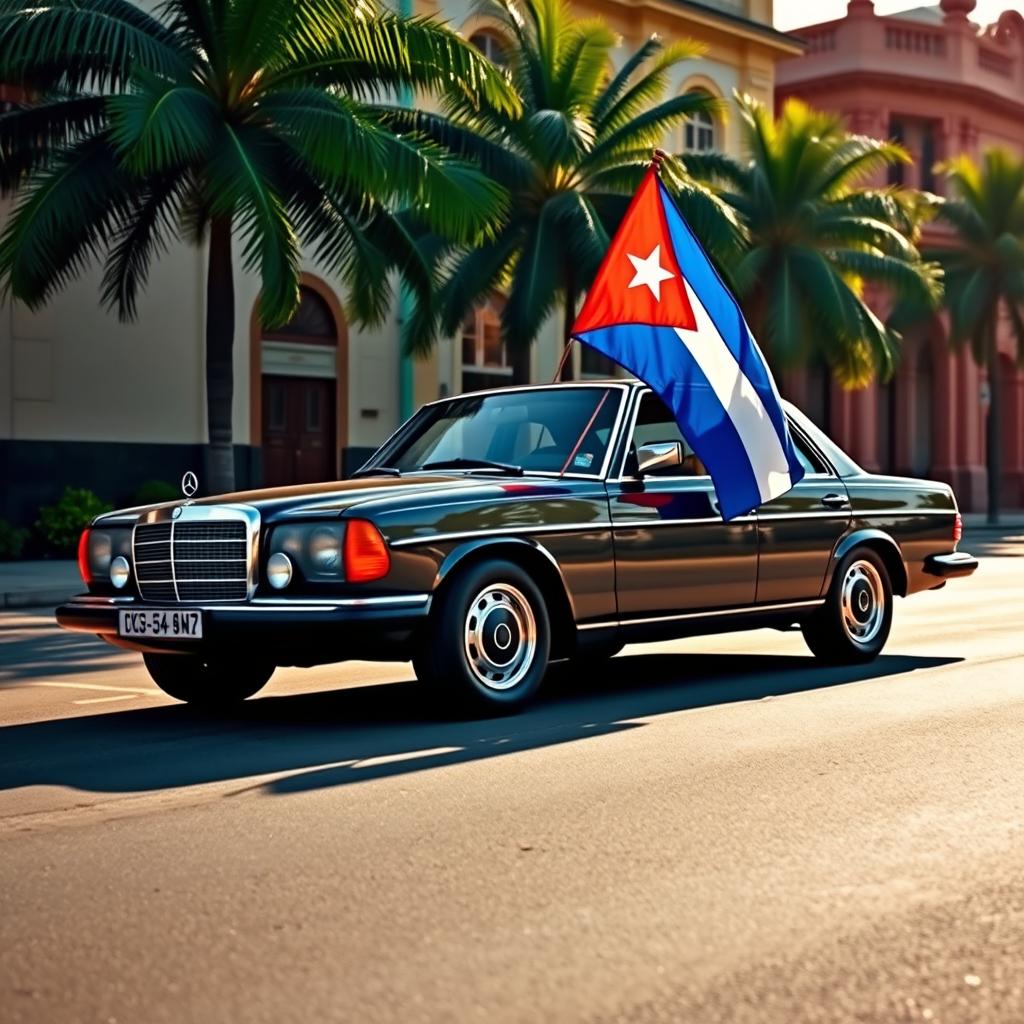 A classic Mercedes Benz W140 car elegantly parked, adorned with a prominent Cuban flag