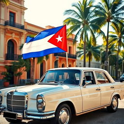 A classic Mercedes Benz W140 car elegantly parked, adorned with a prominent Cuban flag