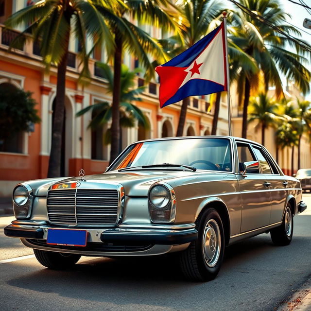 A classic Mercedes Benz W140 car elegantly parked, adorned with a prominent Cuban flag