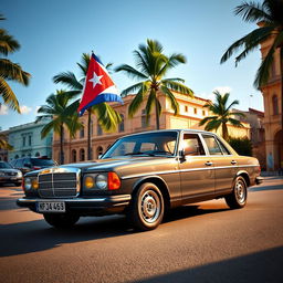 A classic Mercedes Benz W140 car elegantly parked, adorned with a prominent Cuban flag