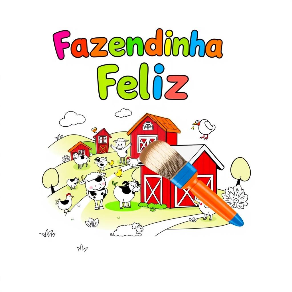 Children's coloring book cover titled "Fazendinha Feliz" with a joyful farm theme