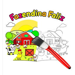 Children's coloring book cover titled "Fazendinha Feliz" with a joyful farm theme