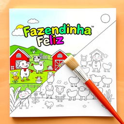 Children's coloring book cover titled "Fazendinha Feliz" with a joyful farm theme