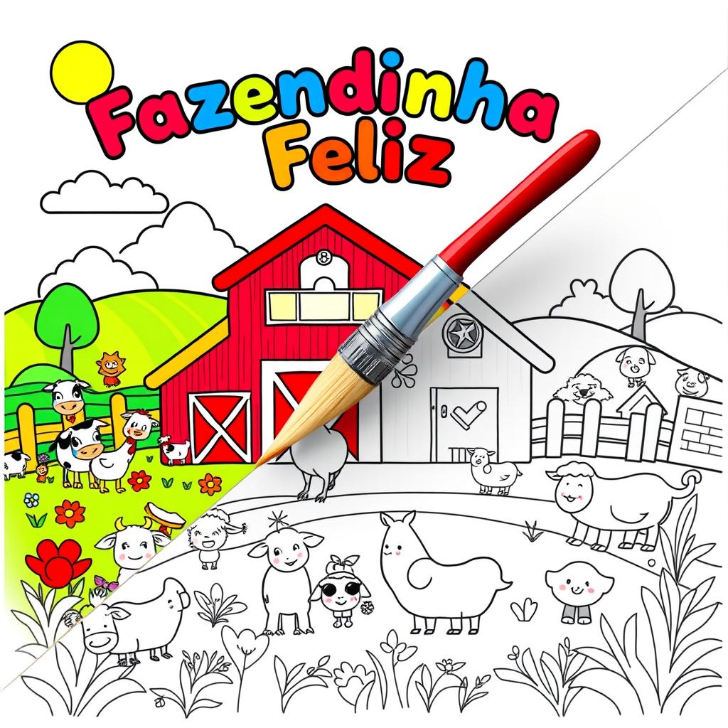 Children's coloring book cover titled "Fazendinha Feliz" with a joyful farm theme