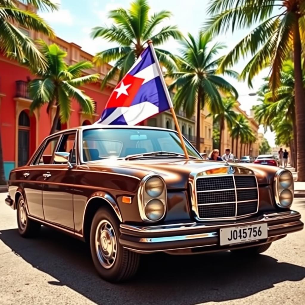 A classic Mercedes Benz W140 car elegantly parked, adorned with a prominent Cuban flag