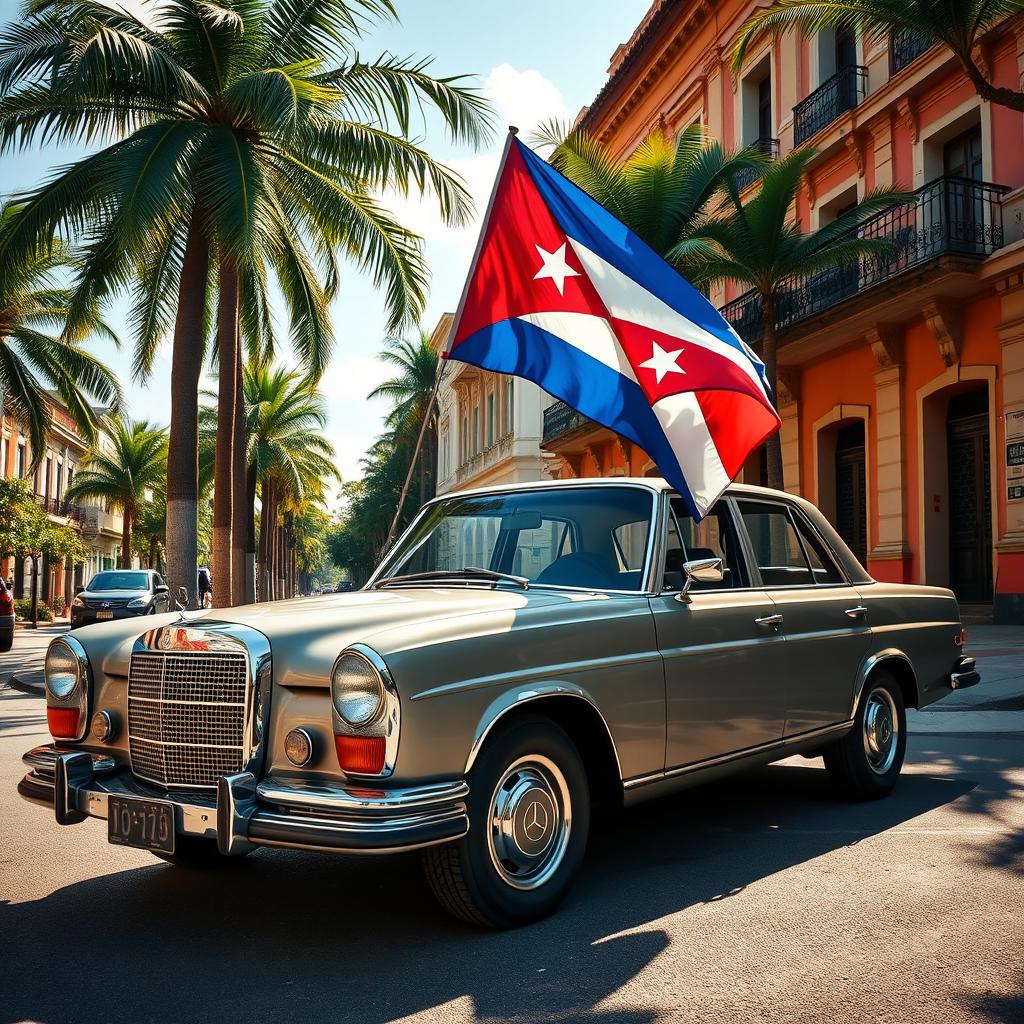 A classic Mercedes Benz W140 car elegantly parked, adorned with a prominent Cuban flag