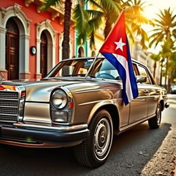 A classic Mercedes Benz W140 car elegantly parked, adorned with a prominent Cuban flag