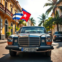 A classic Mercedes Benz W140 car elegantly parked, adorned with a prominent Cuban flag