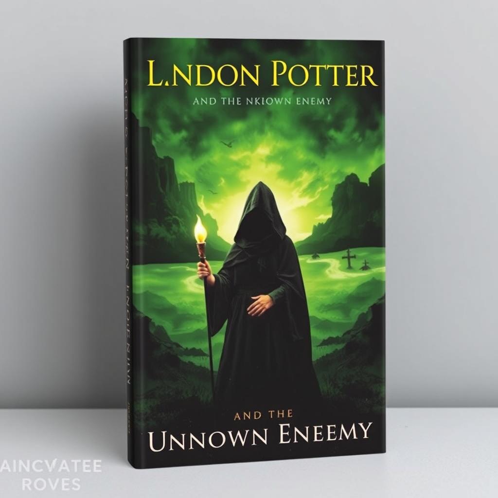 The book cover designed for "Landon Potter and the Unknown Enemy" is elegantly titled at the top