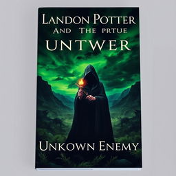 The book cover designed for "Landon Potter and the Unknown Enemy" is elegantly titled at the top