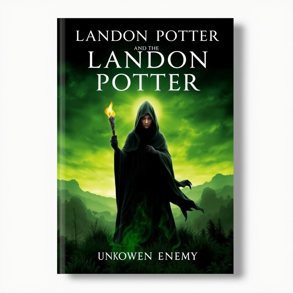 The book cover designed for "Landon Potter and the Unknown Enemy" is elegantly titled at the top