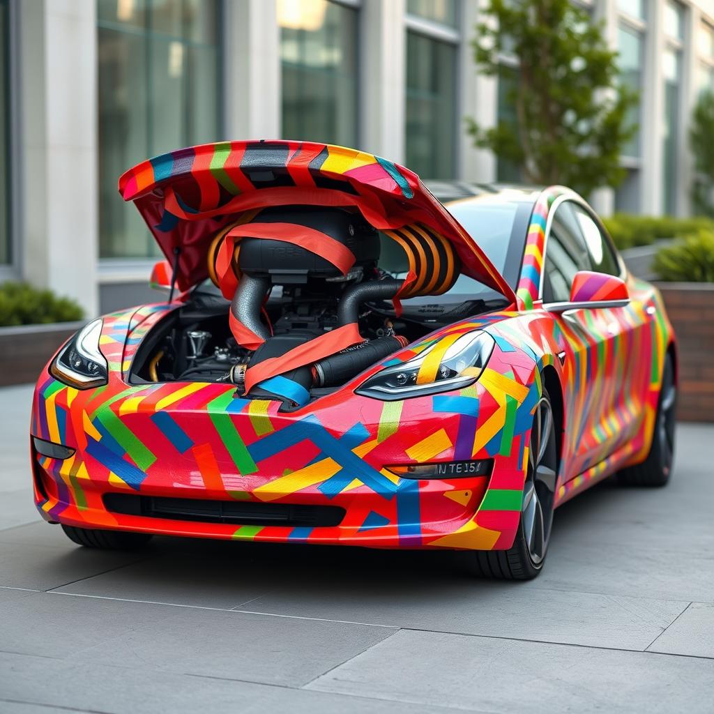 A Tesla Model 3 creatively wrapped with colorful duct tape of various hues, giving the appearance that the vehicle is held together by these tapes