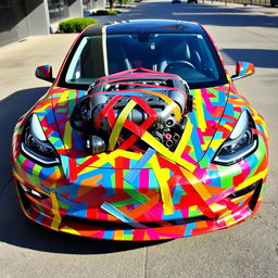 A Tesla Model 3 creatively wrapped with colorful duct tape of various hues, giving the appearance that the vehicle is held together by these tapes