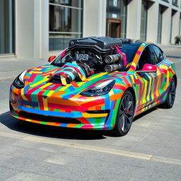 A Tesla Model 3 creatively wrapped with colorful duct tape of various hues, giving the appearance that the vehicle is held together by these tapes