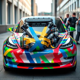 A Tesla Model 3 creatively wrapped with colorful duct tape of various hues, giving the appearance that the vehicle is held together by these tapes