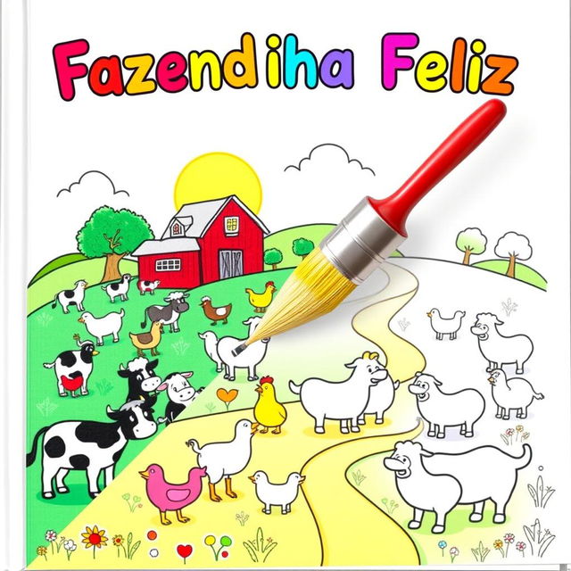 Children's coloring book cover titled "Fazendinha Feliz" with a joyful farm theme