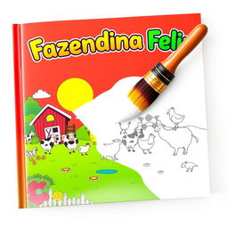 Children's coloring book cover titled "Fazendinha Feliz" with a joyful farm theme