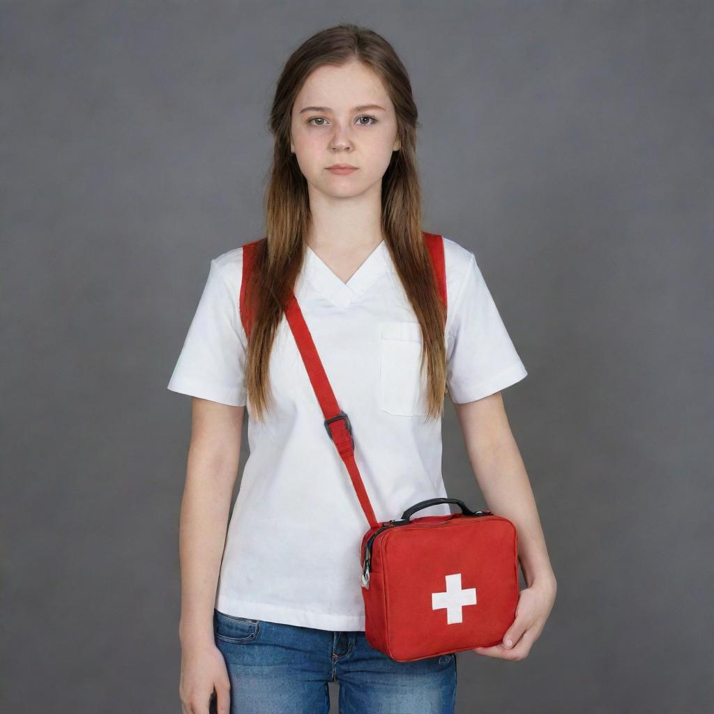 A realistic full-body depiction of the teen female from the fourth picture, standing bravely with a determined face, donned in simple clothing and holding a first aid kit, ready to help others.