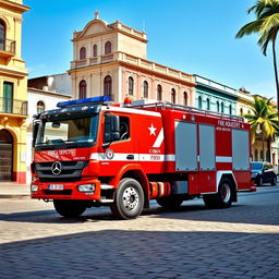 A Mercedes Benz Atego truck customized for the Cuban fire department, featuring bright red exterior paint with white detailing, Cuban fire department logos prominently displayed on the sides, and equipped with a ladder, hoses, and emergency lights