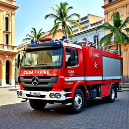 A Mercedes Benz Atego truck customized for the Cuban fire department, featuring bright red exterior paint with white detailing, Cuban fire department logos prominently displayed on the sides, and equipped with a ladder, hoses, and emergency lights