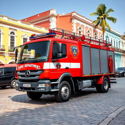 A Mercedes Benz Atego truck customized for the Cuban fire department, featuring bright red exterior paint with white detailing, Cuban fire department logos prominently displayed on the sides, and equipped with a ladder, hoses, and emergency lights