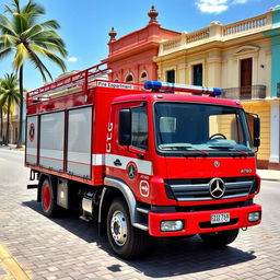 A Mercedes Benz Atego truck customized for the Cuban fire department, featuring bright red exterior paint with white detailing, Cuban fire department logos prominently displayed on the sides, and equipped with a ladder, hoses, and emergency lights