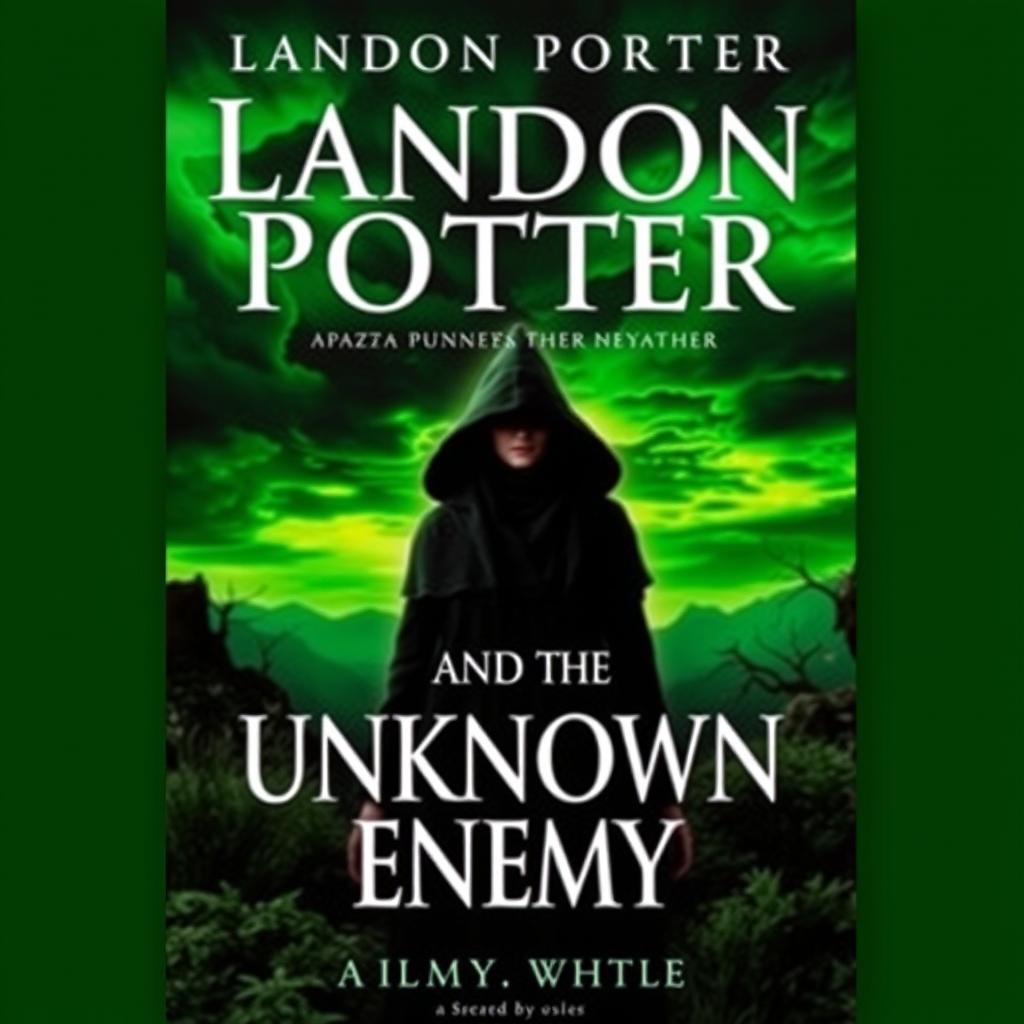 The book cover for "Landon Potter and the Unknown Enemy" is elegantly titled at the top