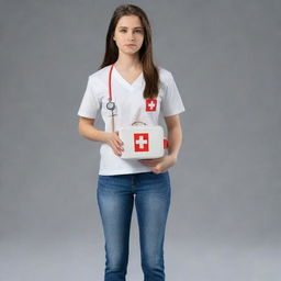 A realistic full-body depiction of the teen female from the fourth picture, standing bravely with a determined face, donned in simple clothing and holding a first aid kit, ready to help others.