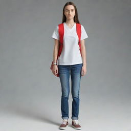 A realistic full-body depiction of the teen female from the fourth picture, standing bravely with a determined face, donned in simple clothing and holding a first aid kit, ready to help others.