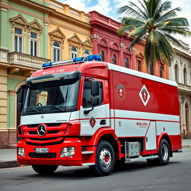 Un camión Mercedes Benz Atego personalizado para el cuerpo de bomberos de Cuba, con pintura exterior roja brillante y detalles en blanco, logotipos del cuerpo de bomberos cubano visibles en los lados, equipado con una escalera, mangueras y luces de emergencia