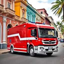 Un camión Mercedes Benz Atego personalizado para el cuerpo de bomberos de Cuba, con pintura exterior roja brillante y detalles en blanco, logotipos del cuerpo de bomberos cubano visibles en los lados, equipado con una escalera, mangueras y luces de emergencia