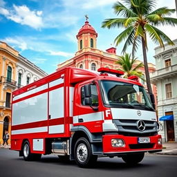 Un camión Mercedes Benz Atego personalizado para el cuerpo de bomberos de Cuba, con pintura exterior roja brillante y detalles en blanco, logotipos del cuerpo de bomberos cubano visibles en los lados, equipado con una escalera, mangueras y luces de emergencia