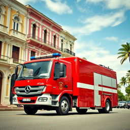 Un camión Mercedes Benz Atego personalizado para el cuerpo de bomberos de Cuba, con pintura exterior roja brillante y detalles en blanco, logotipos del cuerpo de bomberos cubano visibles en los lados, equipado con una escalera, mangueras y luces de emergencia