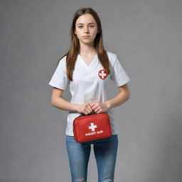 A realistic full-body depiction of the teen female from the fourth picture, standing bravely with a determined face, donned in simple clothing and holding a first aid kit, ready to help others.