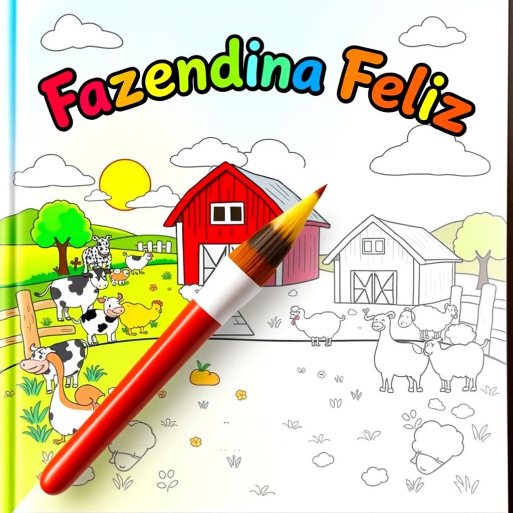 Children's coloring book cover titled "Fazendinha Feliz" featuring a delightful farm theme