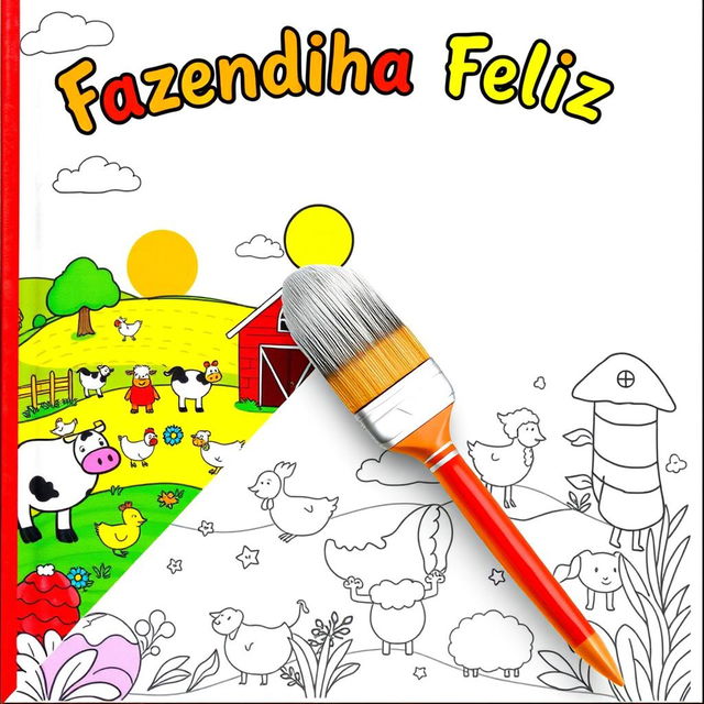 Children's coloring book cover titled "Fazendinha Feliz" featuring a delightful farm theme