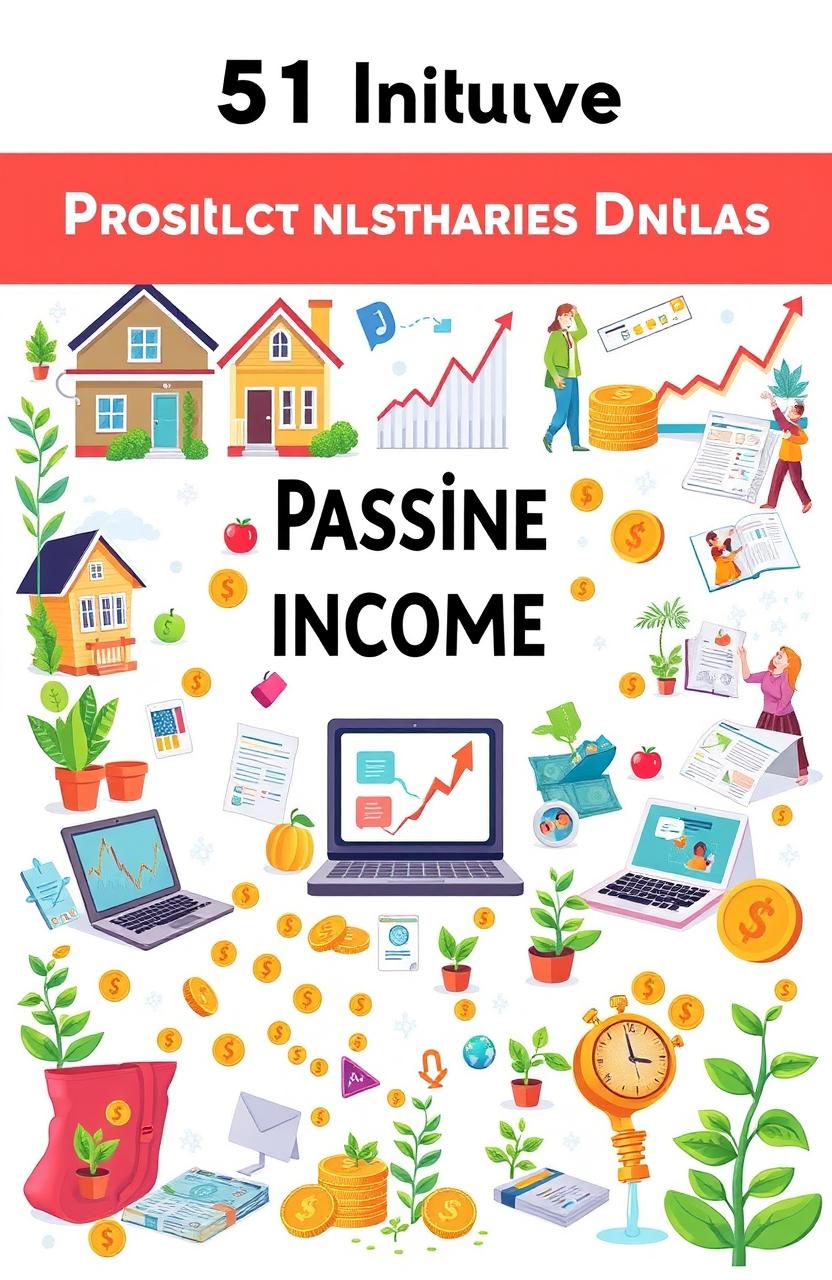 An illustrated guide featuring 51 unique passive income ideas, each presented in a visually engaging manner