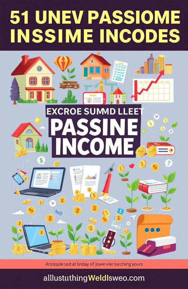 An illustrated guide featuring 51 unique passive income ideas, each presented in a visually engaging manner